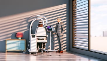 A patient receives TMS therapy from a suited professional in a sunny room with patterned shadows on the wall.
